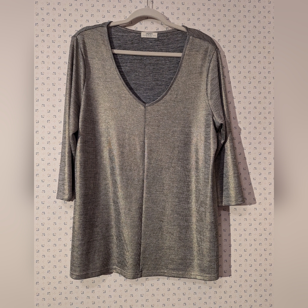 Papaya Evening L Metallic Gold Silver V-Neck Women's Top Bling Holiday